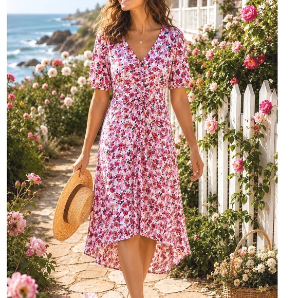 Old Navy Dresses & Skirts - Old Navy Floral Puff Sleeve Ruched Front Midi Dress Pink Large High Low Rose